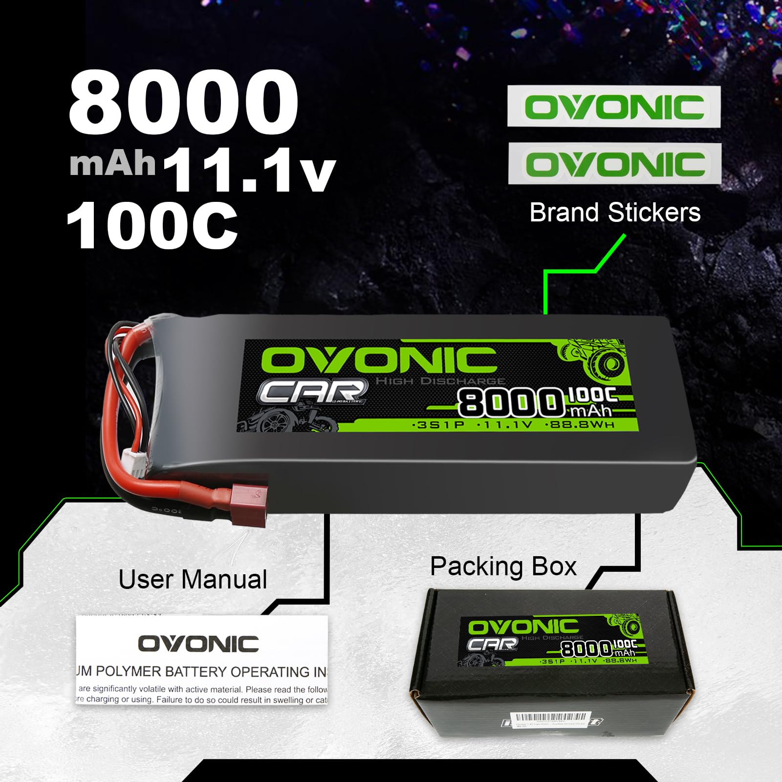 OVONIC Batterie Lipo 3s 8000 mAh 11,1 V 100 C avec connecteur T pour RC Truck Truggy