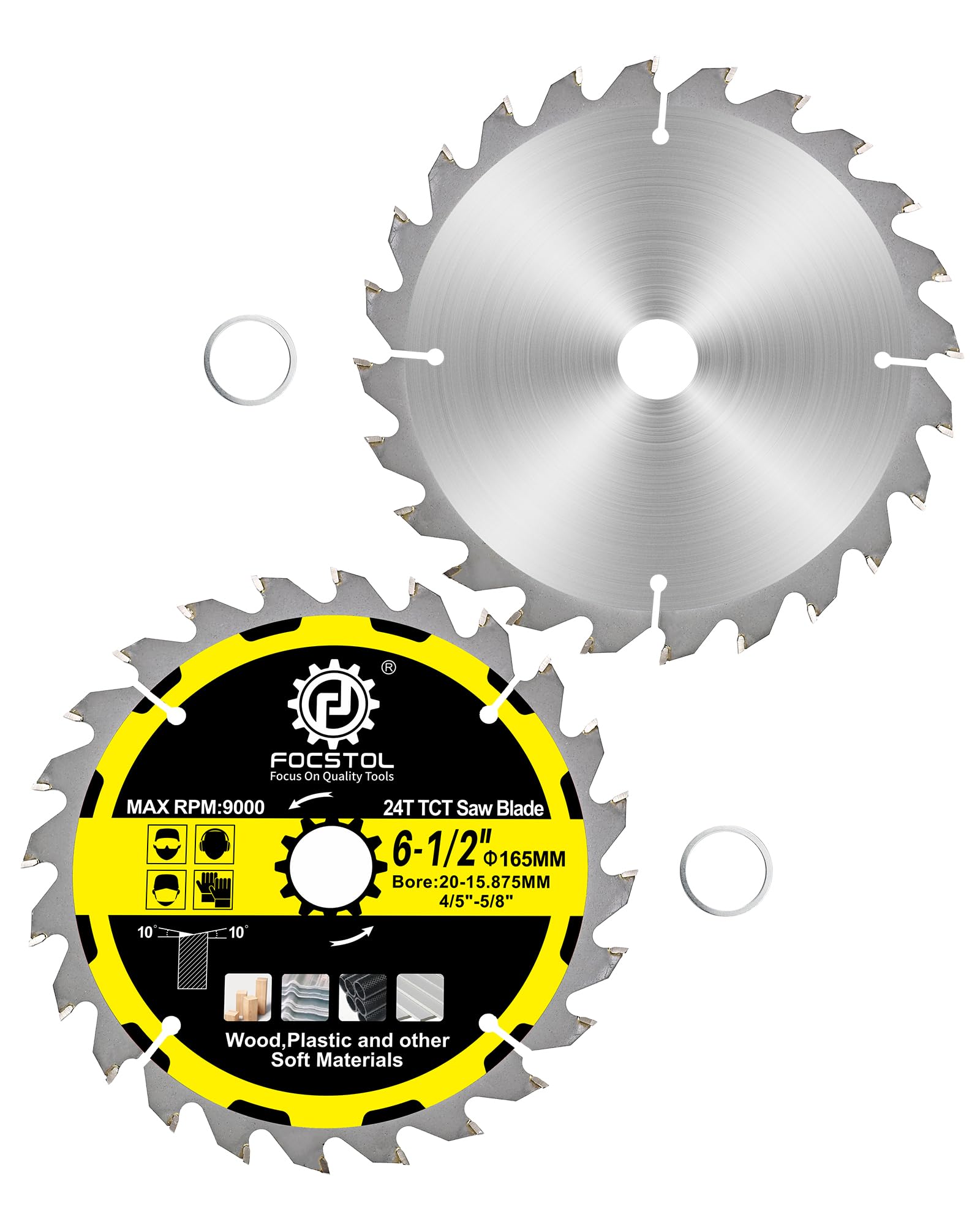 FOCSTOL Wood Cutting Circular Saw Blade 165mm - 2pcs 24 Tooth TCT Cutting Blade for Cutting Wood, Plywood, Particle Board, Plastics and Other Soft Materials
