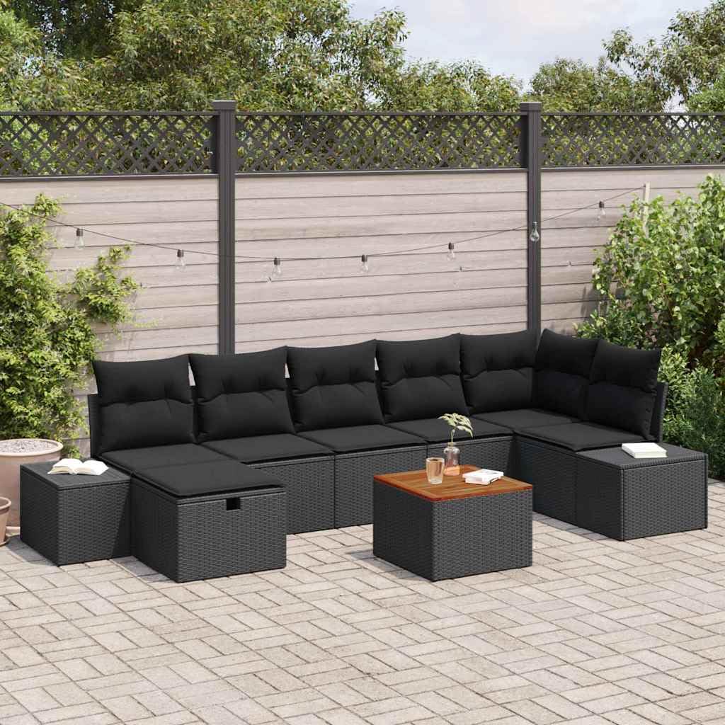 Set di mobili da giardino con cuscini, 8 pezzi, in polyrattan, colore nero, resistente alle intemperie, set modulare per terrazza, balcone, lounge con tavolo e sgabello, per esterni