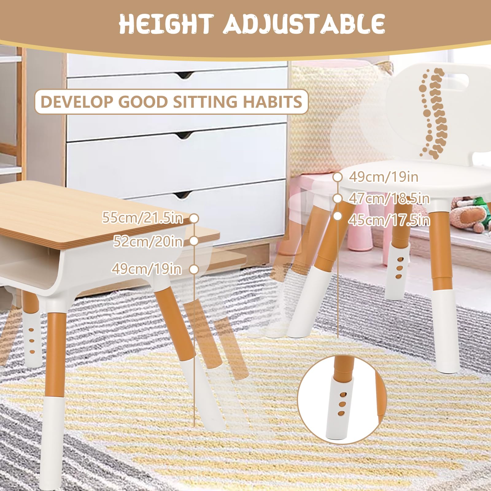 Mesa infantil con 2 sillas, altura regulable, grupo de asientos infantiles para guardería, escritorio para niños con espacio de almacenamiento y silla infantil, juego de sillas para niños