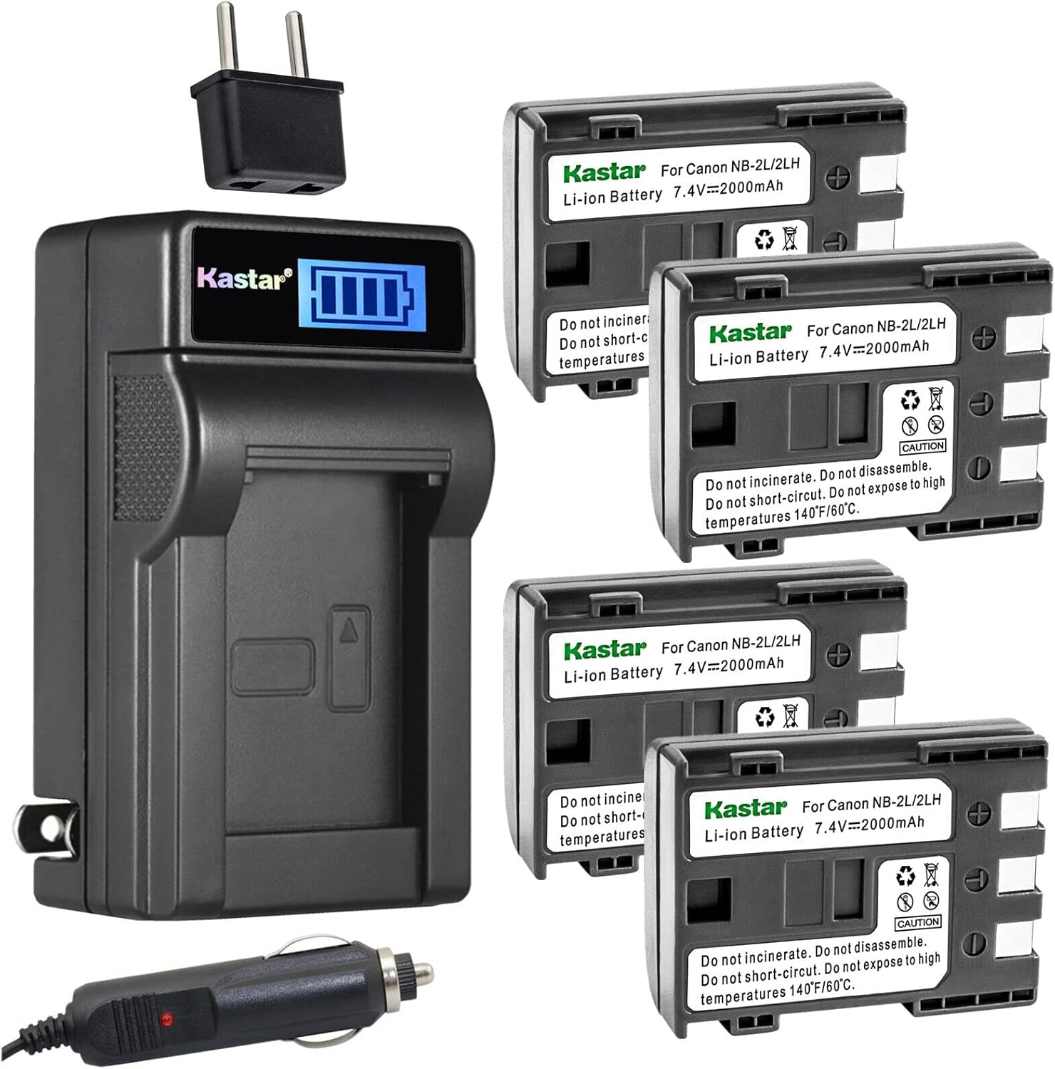 Kastar 4-Pack NB-2L Battery and LCD AC Charger Compatible with Canon NB-2L NB-2LH, NB-2L12 NB-2L14 NB-2L24, BP-2L5, BP-2LH Battery, Canon CB-2LW CB-2LWE Charger, Canon DS126071 E160814 Cameras