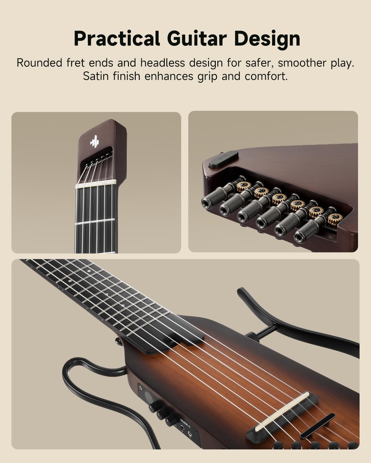 Donner HUSH C Chitarra da Viaggio Elettroacustica Ultraleggera con Corde in Nylon, Accordatore Integrato, Custodia, Sunburst