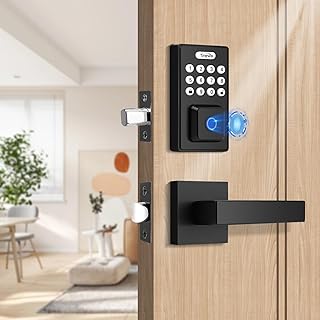 Tinewa Keyless Entry Door Lock with 2 Lever Handles, Fingerprint Entry Door Deadbolt, Electronic Digital Keypad Deadbolt with App, Auto Lock & One Touch Locking, Front Smart Door Handle Sets, Black