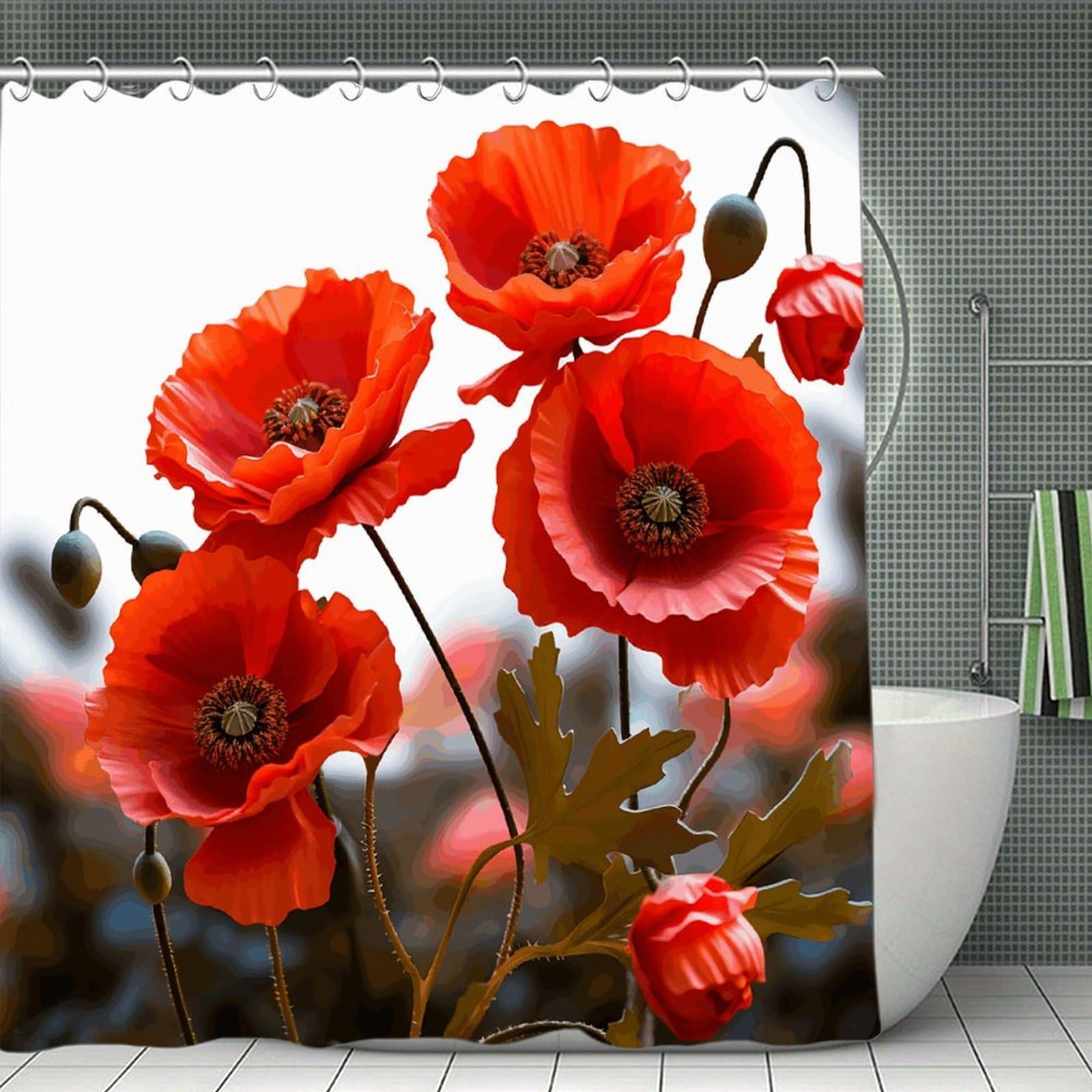 VstaDank Poppy Flowers Vivid Petals Bath Curtain Elegant Heavy Duty Shower Curtains 70x70 in Rustic Farmhouse Cloth Shower Curtains Neutral Modern Bath Curtain for Bathroom