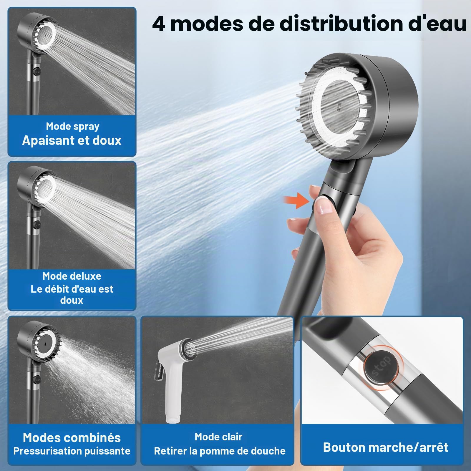 Charmofun Kit Douche de Camping, 8000 mAh Pompe de Douche Électrique Rechargeable, Camping Douche Portable avec Pommeau de Douche Filtrant et Afficheur Intelligent pour Randonnée (8000mAh-B)