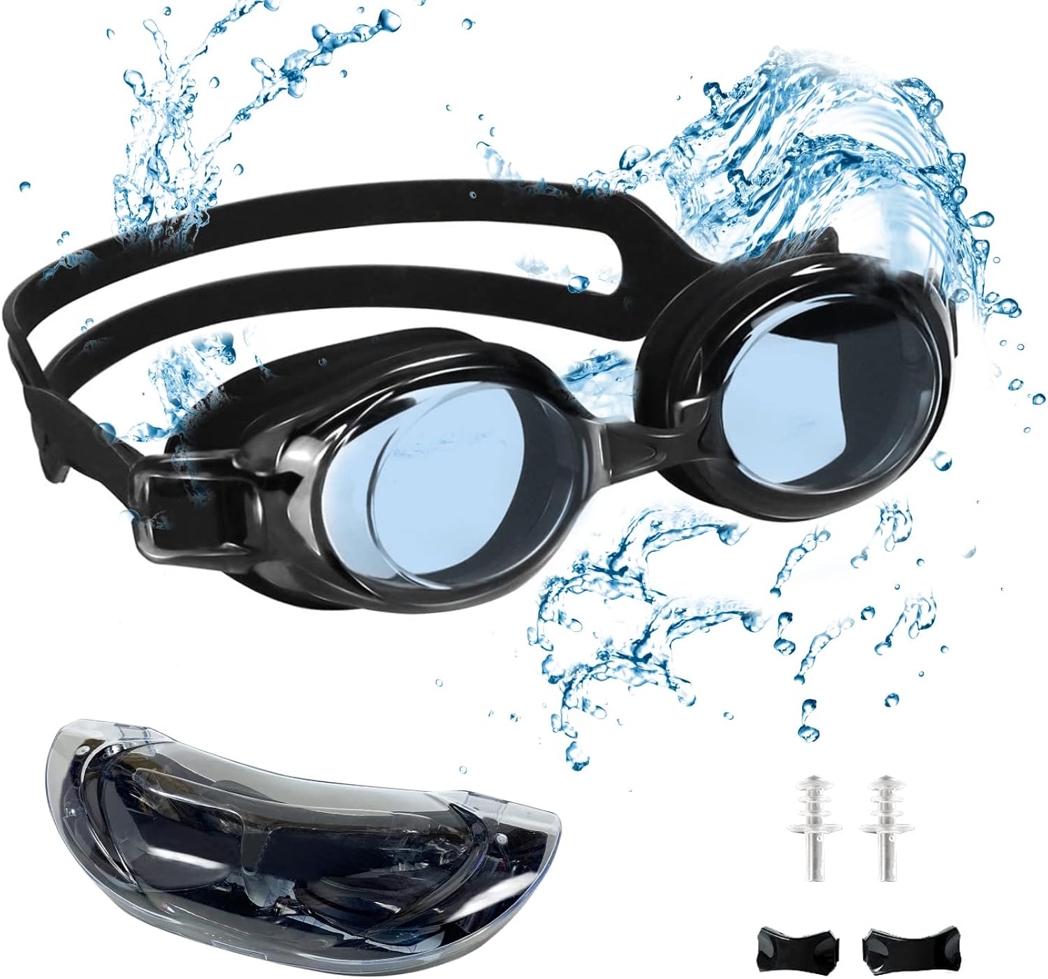 Anti Fog Swimming Goggle with Soft Silicone Nose Bridge & Ear Plugs for