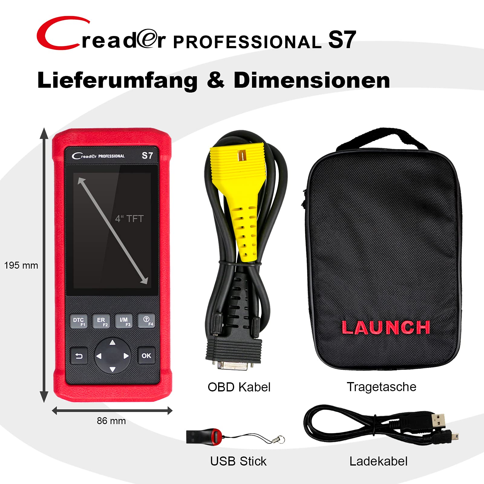LAUNCH Europe Creader Professional S7 Diagnosegerät OBD2 5 Fahrzeugmarken CRPS7 Rot