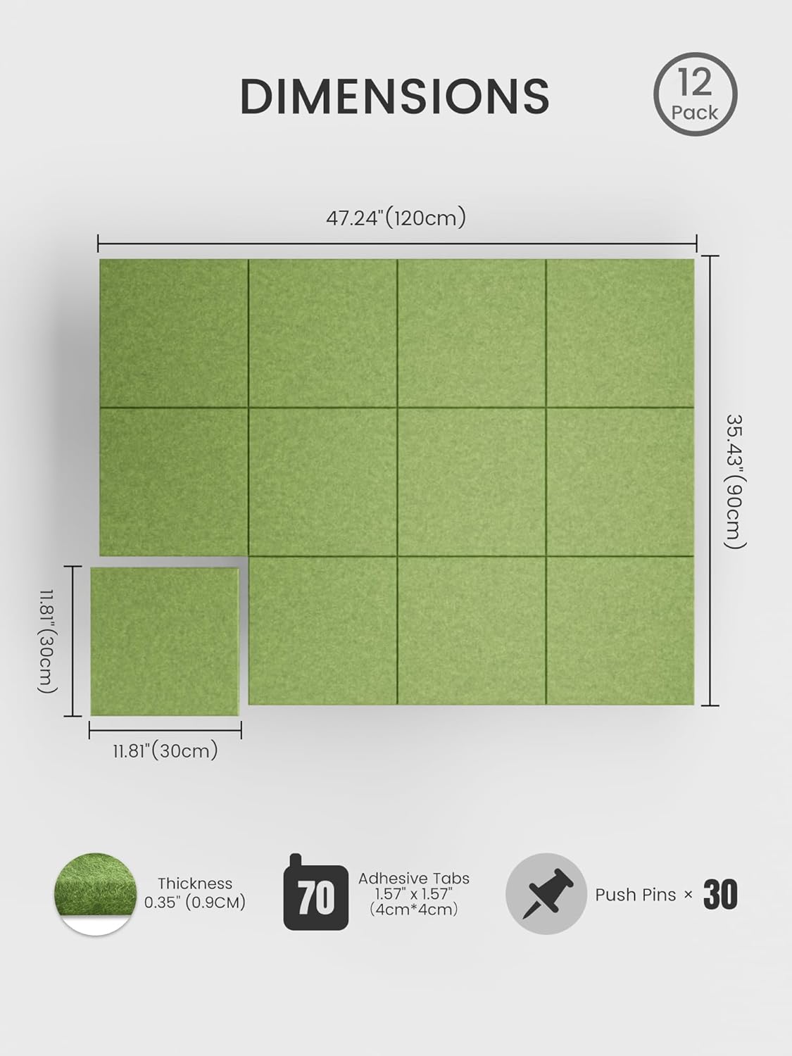 bumusty large cork board 48" x 36" alternative - 12 pack felt wall tiles with 70 safe removable adhesive tabs, 30 pushpins, cork boards for walls pin board bulletin board office decor (kelly green) kelly green solid tile 12-pack