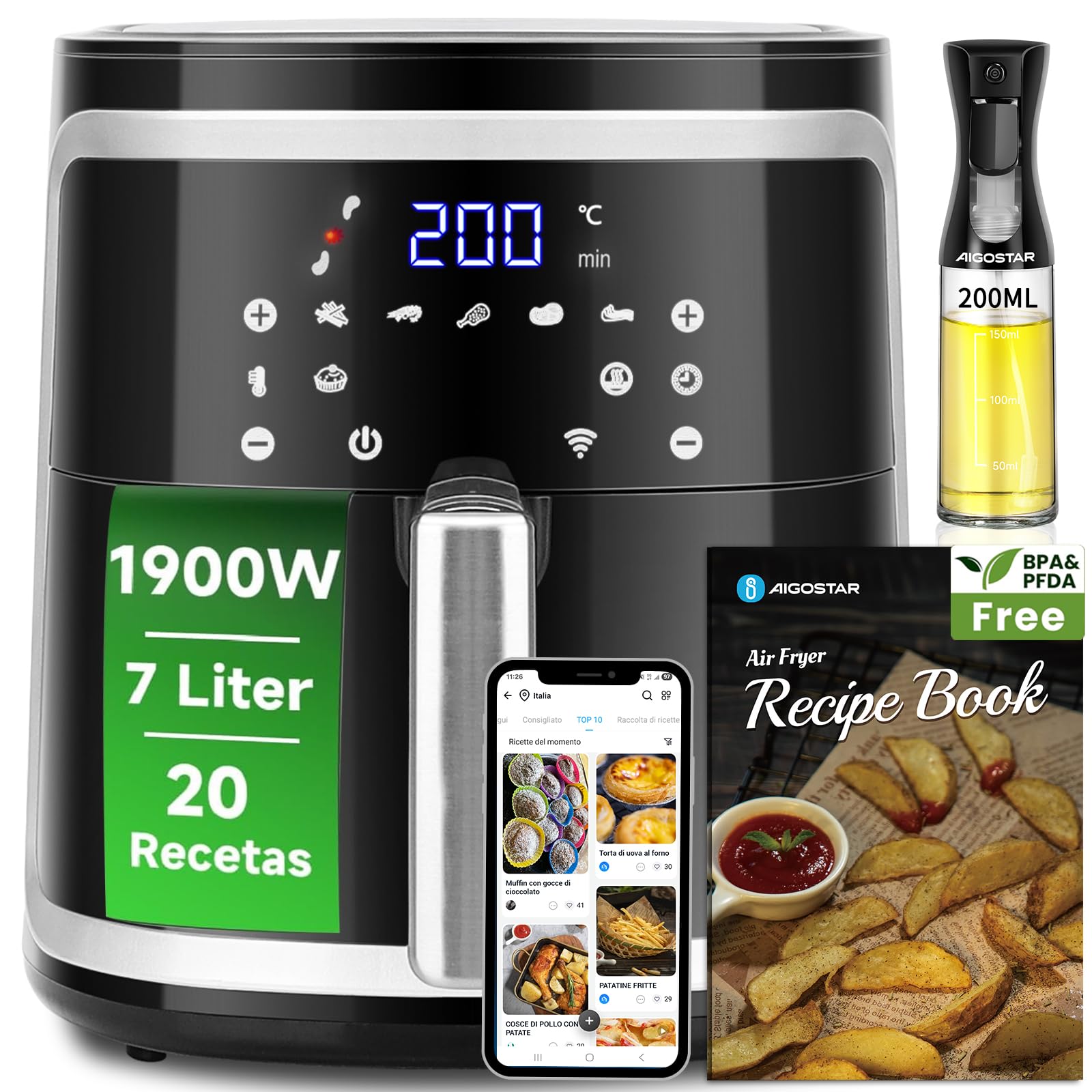 Aigostar Cube Smart - Freidora de aire inteligente sin aceite, Conexión Wifi, 1900W, 7L, Modo manual, Pantalla LED táctil, 7 funciones preestablecidas + mantener caliente y modo manual, Libre de BPA