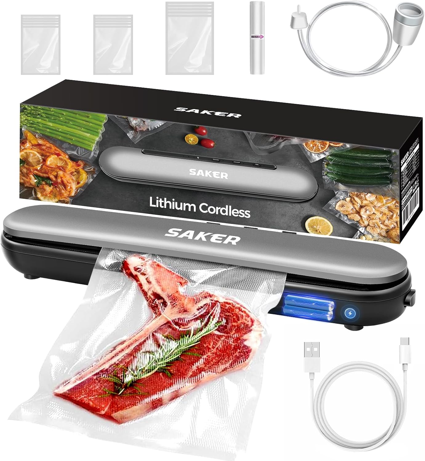 Saker Vacuum Sealer Machine,Lithium Cordless Food Vacuum Sealer,Compact Powerful Automatic Vacuum Sealer for Food with Vacuum Bags&Build-in Cutter,Portable for Better Food Preservation Outdoors