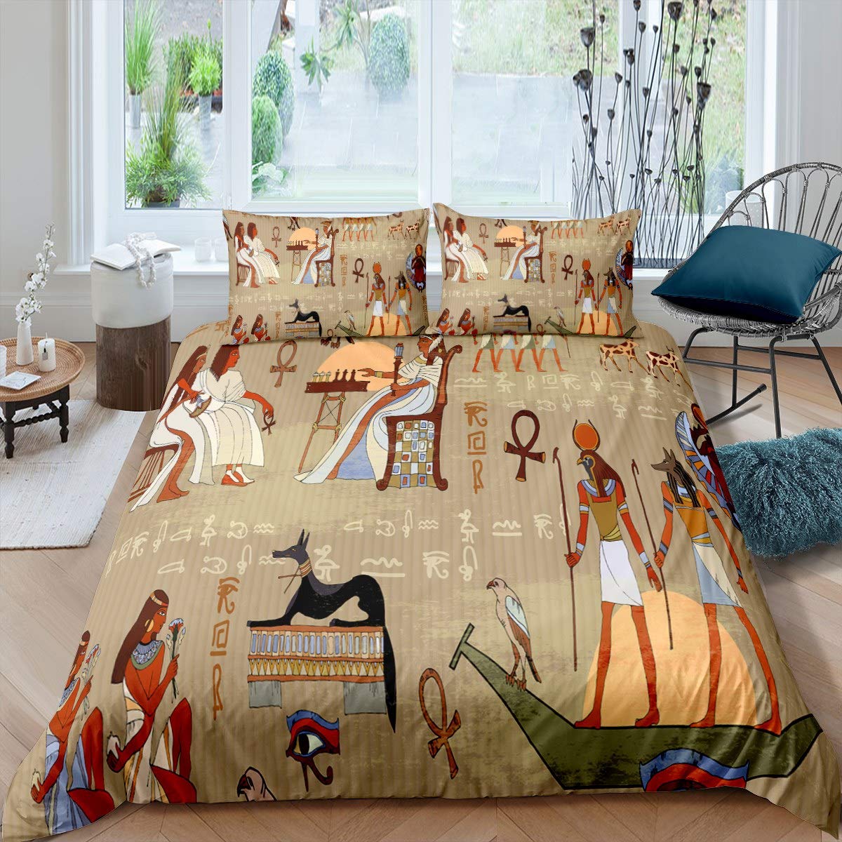 Loussiesd Ancient Egypt Comforter Cover Egyptian Wall Painting Bedding Set Egypt Culture Duvet Cover for Children Kids Boys Girls Microfiber Tribal Bedspread Room Decor Bedclothes King Size