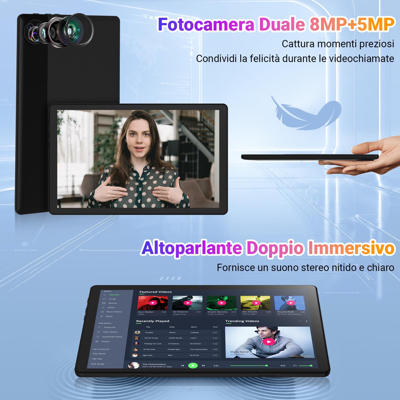 Gleeso Tablet 10 Pollici｜Tablet con Android 16｜Android Tablet con 24GB RAM 1TB TF｜6000mAh｜Sblocco Facciale｜BT 5.4/WiFi 5G｜8MP Fotocamera, Portatile Tablet per Studenti e Aziende - Nero