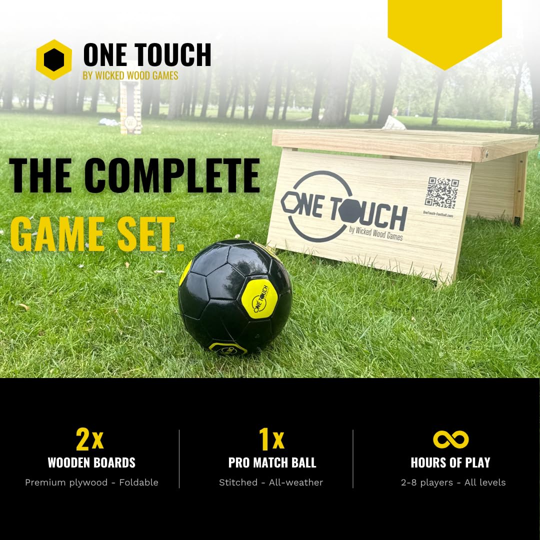 OneTouch Fußball-Cornhole Set aus Holz – Komplettes Outdoor Fußballspiel inkl. 2 Boards, Premium Matchball & Tragetasche – Fußball Zielspiel für Garten, Verein, Camping & Freizeit