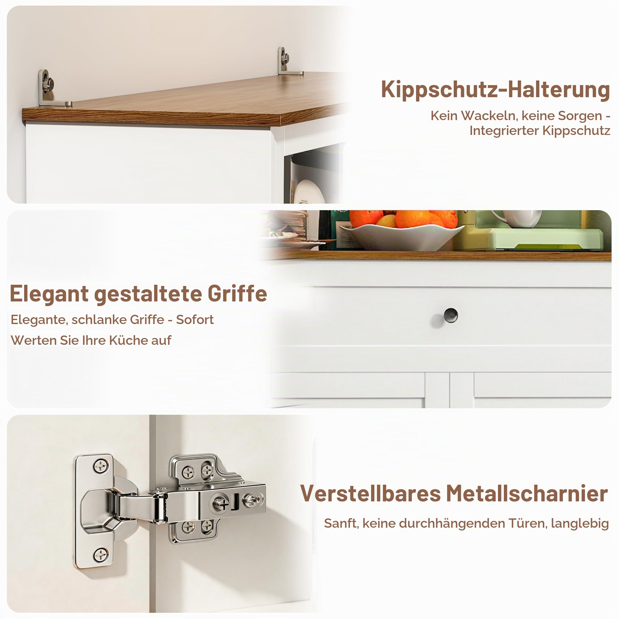Küchenschrank mit Arbeitsplatte, Buffetschrank mit Weinregal, LED-Licht & Steckdose mit USB, Verstellbare Einlegeböden Anti-Kipp Vorrichtung, Sideboard Küche für Wohnzimmer Esszimmer (Weiß)