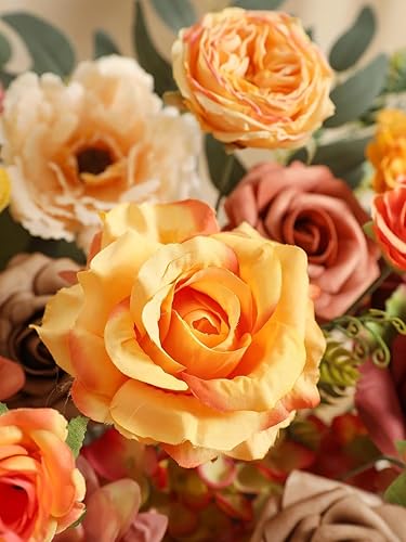 Miniatura 7 de Flores Artificiales de Otoño, Flores Falsas de Seda Naranja para Ramos Nupciales DIY, Flores de Pastel de Boda de Otoño para Centros de Mesa, Baby