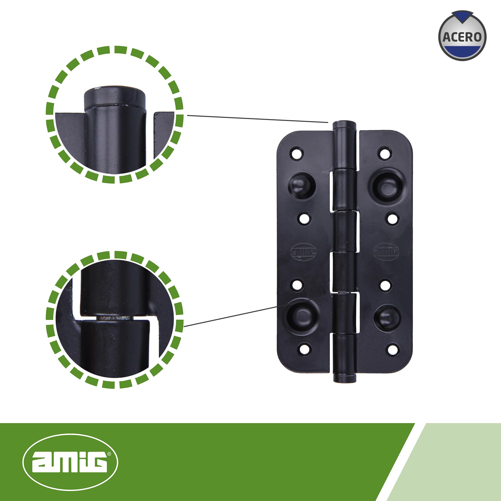 Amig - Pack de 6 Bisagras de Seguridad para Puertas - Cantos Redondos - Apertura y Cierre Silenciosos - Sujeta Puertas de Entrada con Firmeza - Acero - Negro Epoxi - 150 x 82 x 3 mm