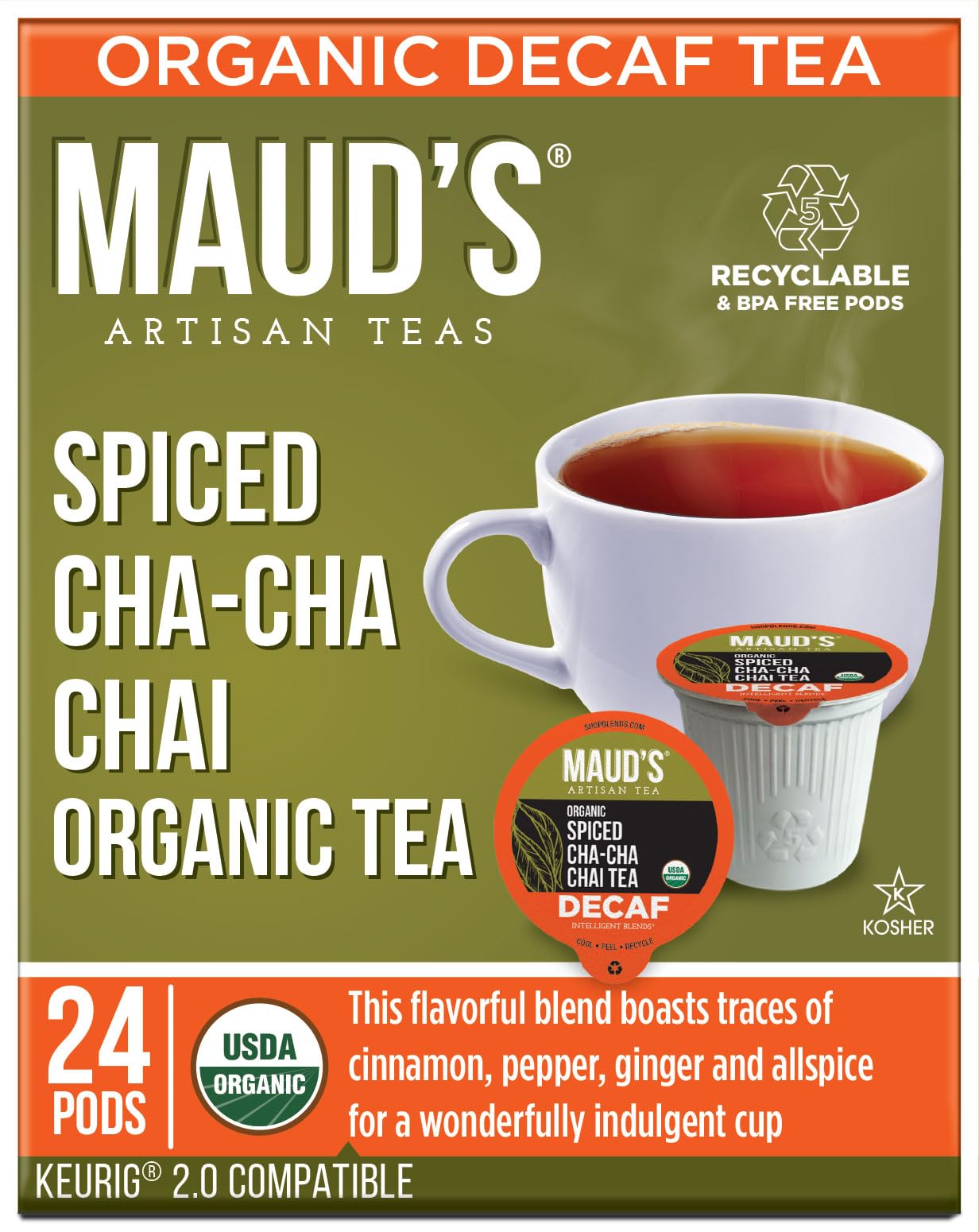 Maud's Organic Decaf Chai Tea Pods, 24 ct, Recyclable Single Serve Tea Pods – 100% Gourmet Blended Tea Leaves, Compatible with Keurig K Cups Maker