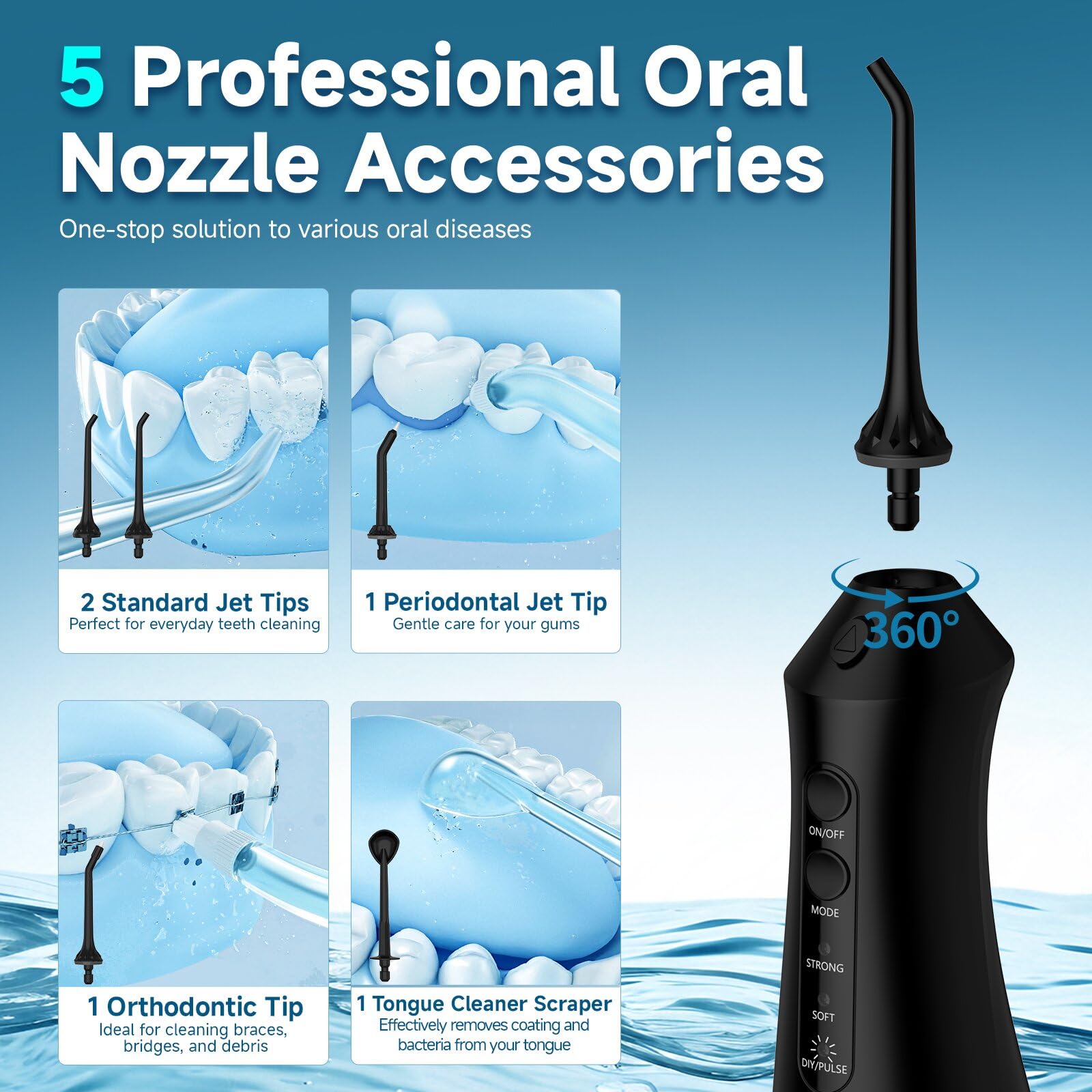 Irrigador Dental Portátil Irrigador Bucal Inalámbrico Profesional Water Flosser 12 Modos 5 Boquillas Irrigador eléctrico oral IPX7 Impermeable 300ML USB Recargable Para Casa y de Viaje(Negro)