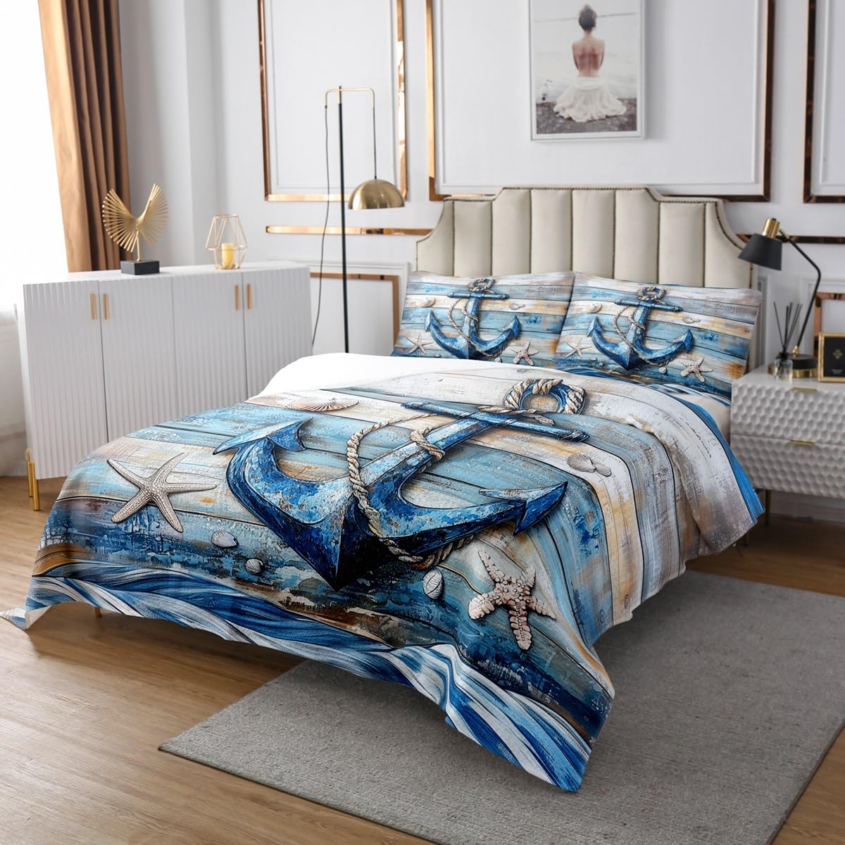 Manfei Nautical Anchor Quilts Set for Kids Boys,Ocean Adventure Themed 2Pcs Bedspread Coverlet Set,Watercolor Blue Wooden Stripes Bed Cover Set, Bedspread Coverlet with 1 Pillowshams (Twin Size)