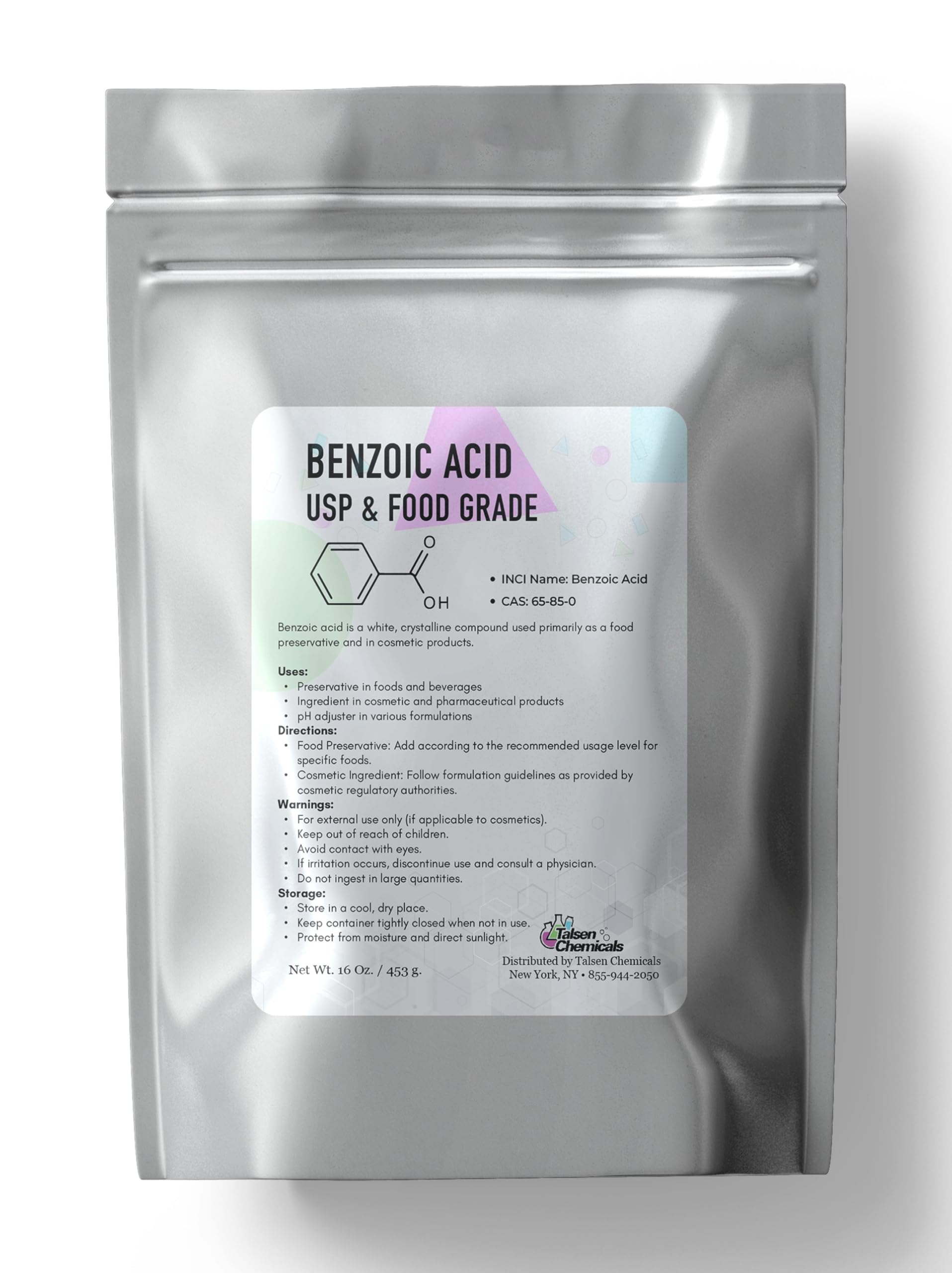 Benzoic Acid Powder USP Grade 16 oz / 453 g - 99% Pure for Preservative for Formulations, pH Regulation - Premium Quality Cosmetic Formulations and DIY Personal Care Formulations by Talsen Chemicals