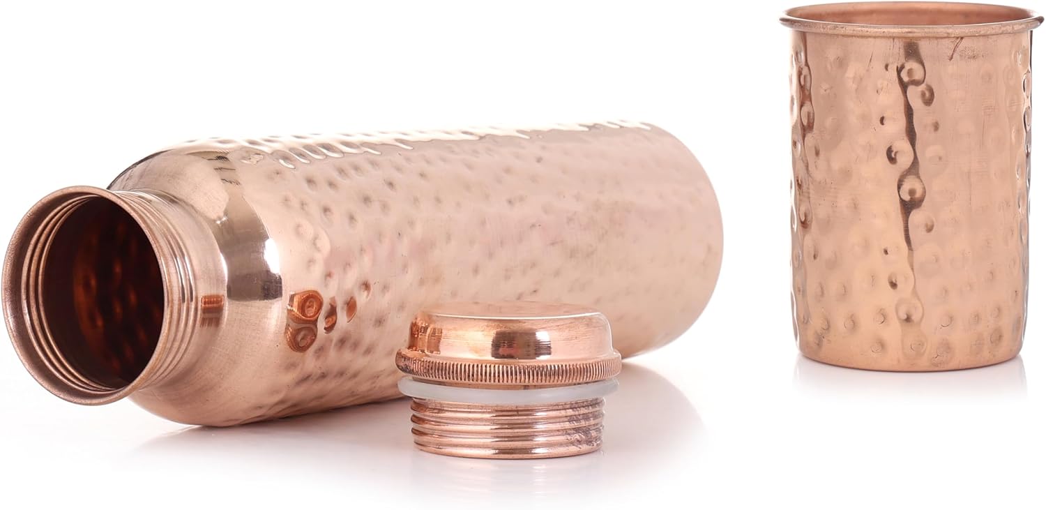 Hammered Copper Water Bottle with Lid Ayurvedic Copper Vessel - Drink More Water - Large - Leak Proof