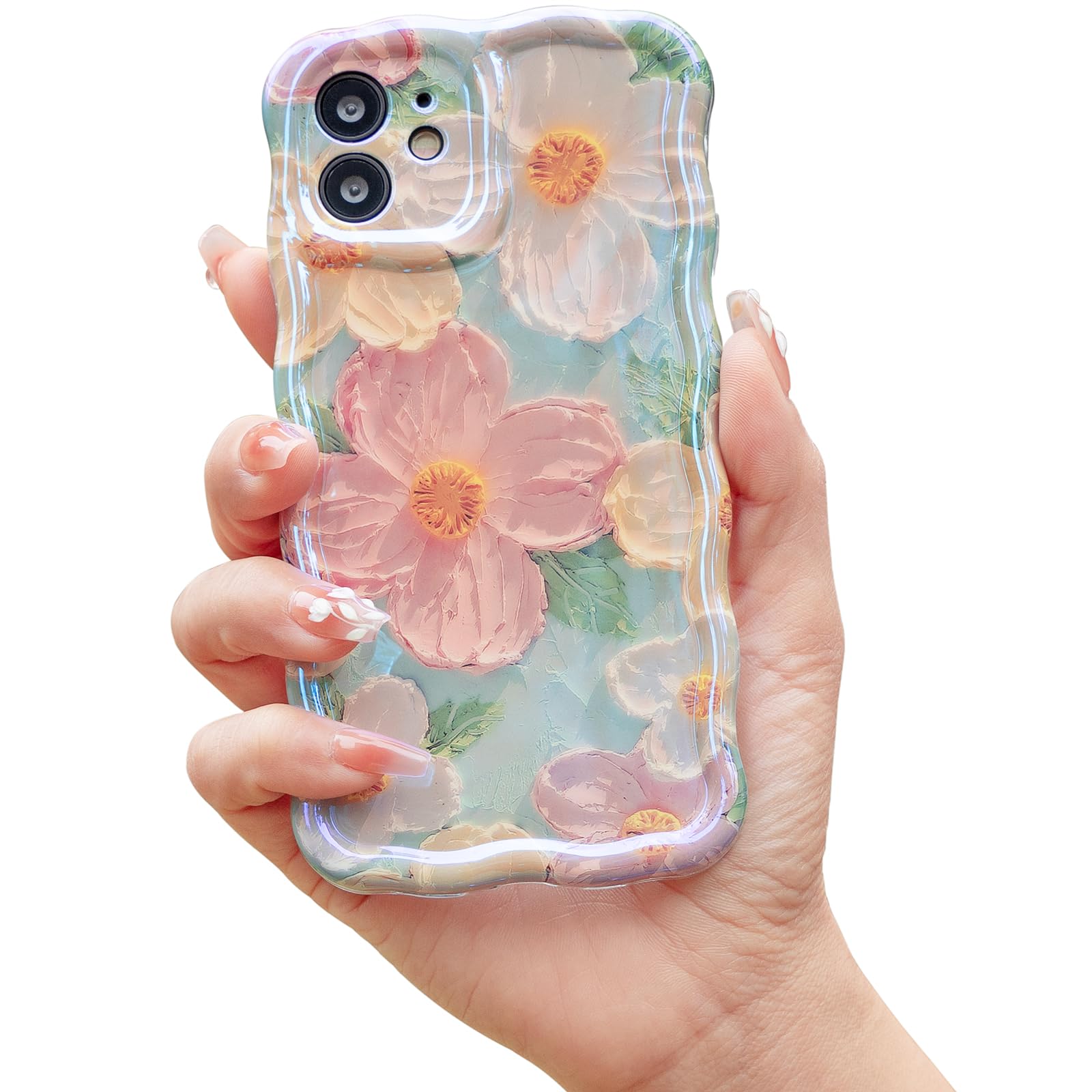 Cute Case for iPhone 12, Colorful Retro Oil Painting Printed Flowers Case, Fashion TPU Floral Laser Beam Glossy Pattern Curly Waves Frame Shockproof Protective Case Cover for Girl Women
