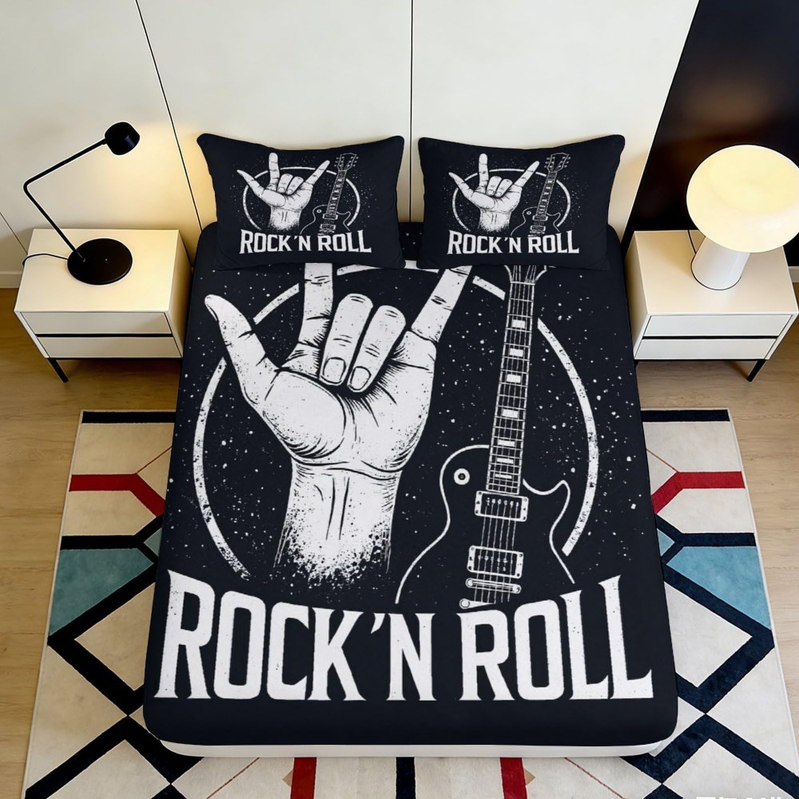 Pnayamiorkfel Style-3 3D Printed Rock Hand Guitar Fitted Sheet Microfiber Black Bed Cover For Bedroom Guest Room Mattress Protection Decor 90X200x25cm
