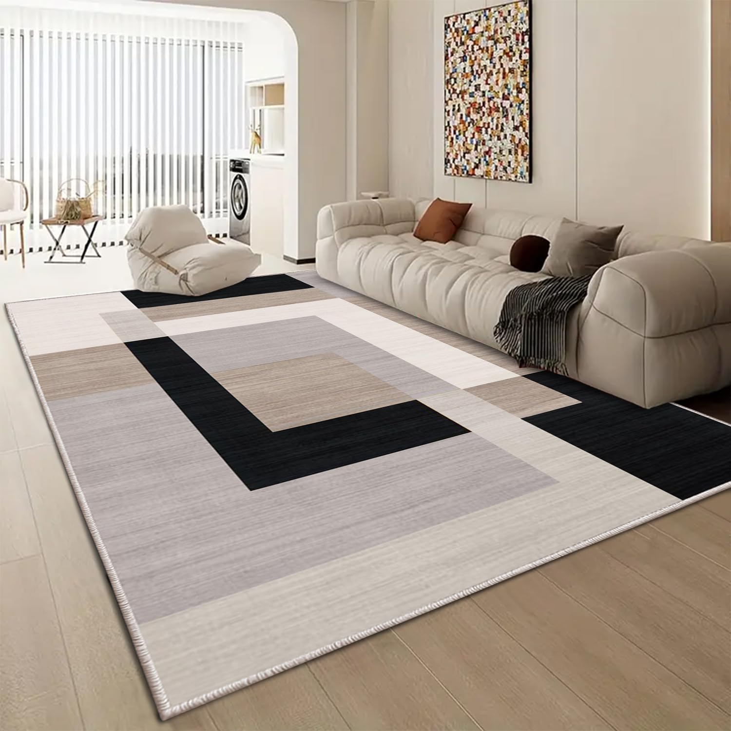 Aspire Homeware Rugs Living room Large 160x230 cm - Non-Slip Geometric Style Crawling Playing Anti-Slip Backing Short Pile Black & Cream Rug for Bedroom Lounge, Nursery Room (Milo Neutral)