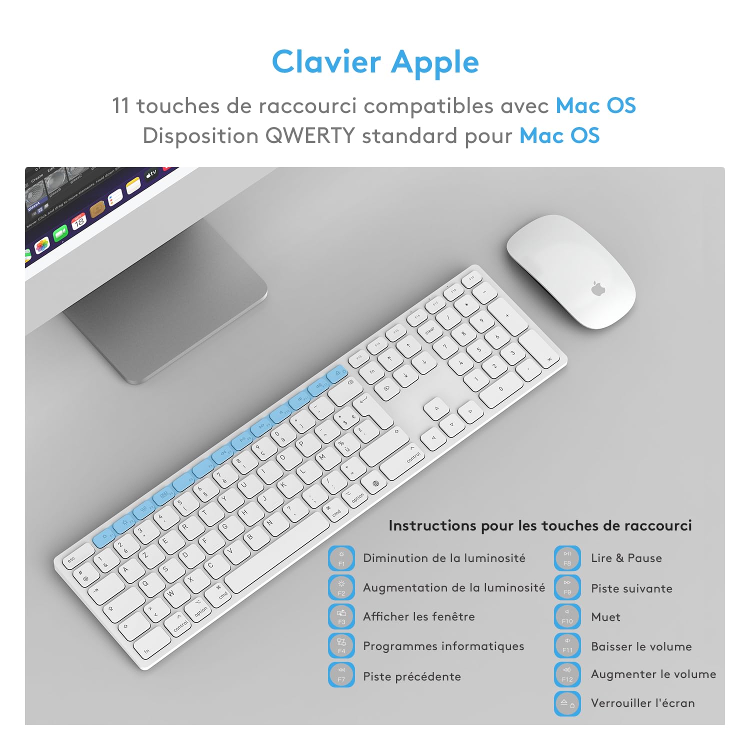 Clavier Bluetooth sans fil pour appareils Mac OS – Disposition AZERTY, Touches ciseaux pour une frappe précise, Batterie rechargeable, 80 jours d'autonomie supplémentaire, Compatible avec iMac/MacBook
