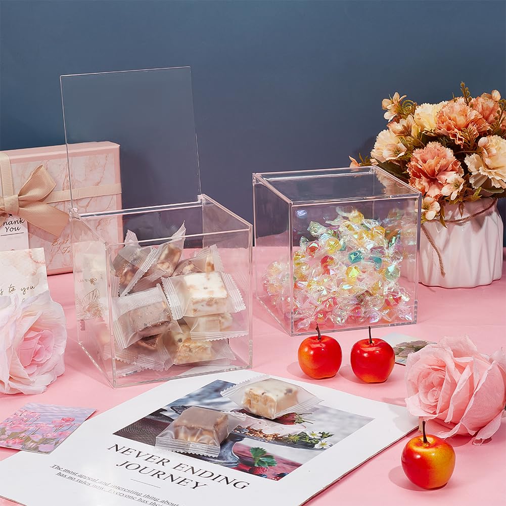 BENECREAT 2 Acrylic Boxes with Lid, 10 x 10 x 6 cm/4 x 4 x 2.3 Transparent Cubes Display Case Storage Boxes Organizer Container for Wedding Birthday Gift Packaging Jewelry Office Supplies
