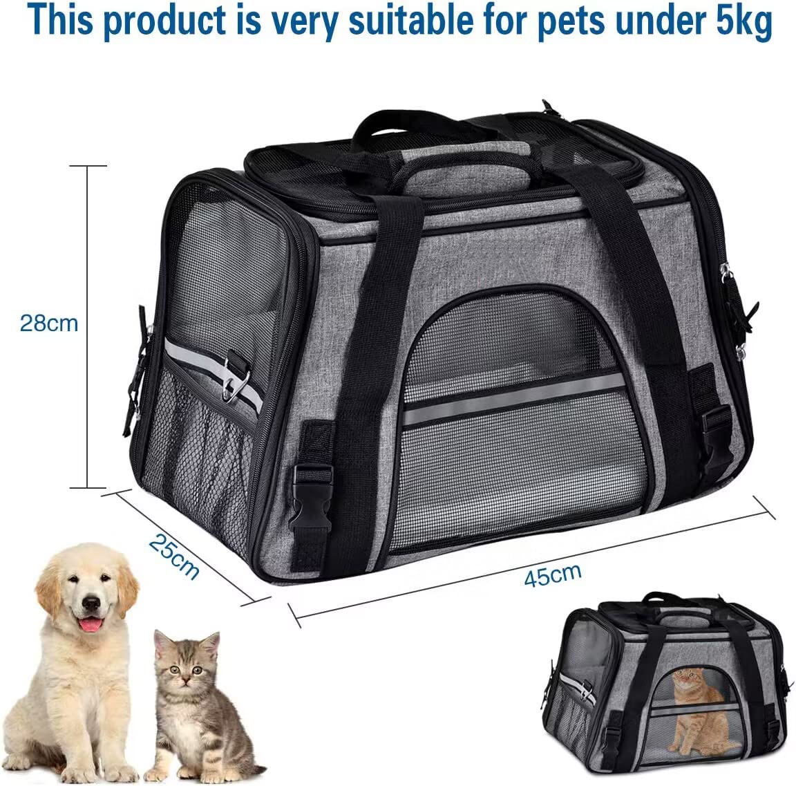 Queta Trasportino per Cani Aereo Trasportino Gatto Morbido Borsa per Cani Piccoli Gatti Viaggio Esci Grigio