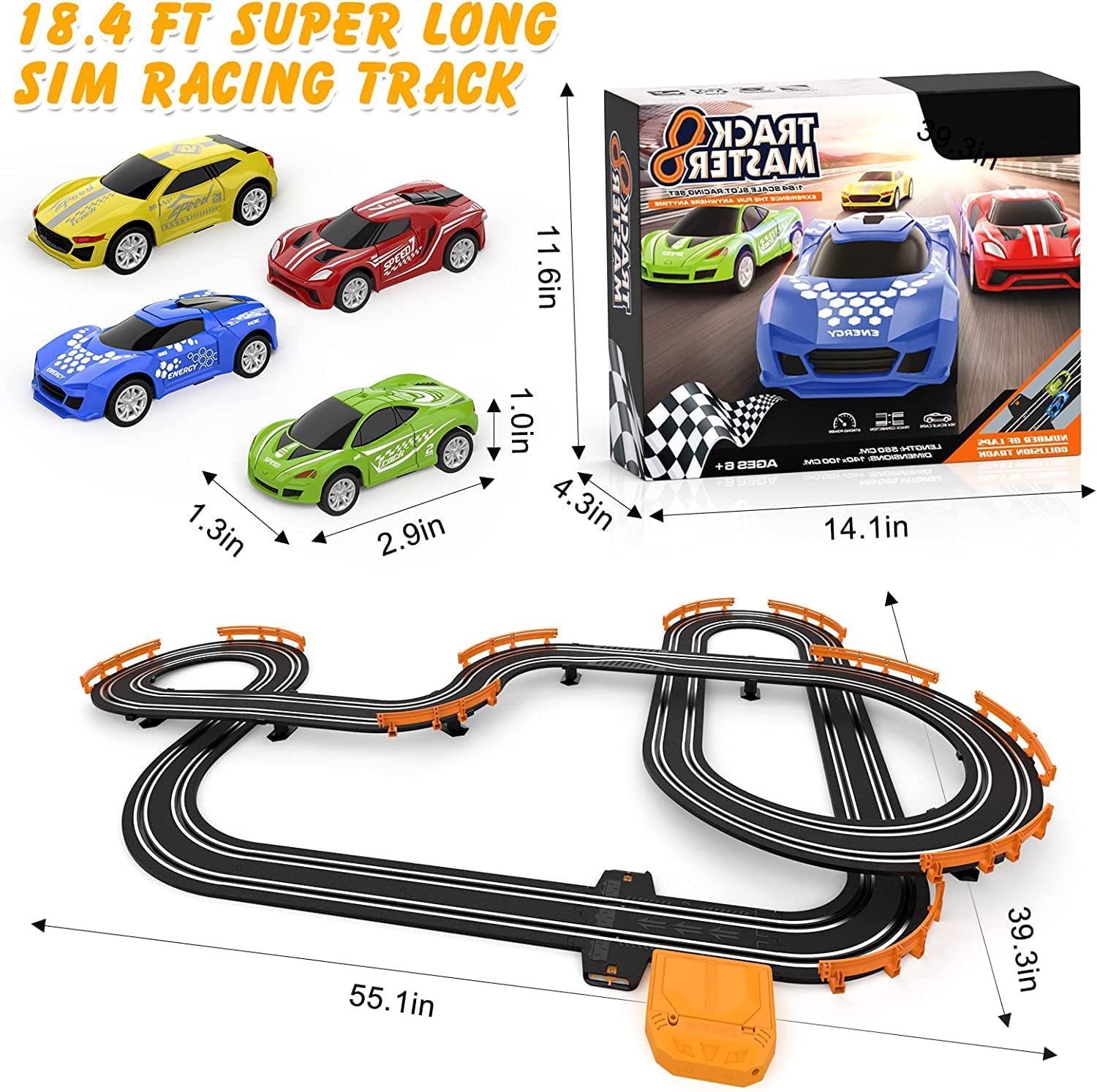 LEAF VILLAGE Slot Car Race Track Sets for Boys Kids High-Speed Battery or Electric Race Car Track with 4 Cars, Dual Racing Game 2 Controllers Lap Counter Circular Overpass Track, Toys Gifts for Boys 1