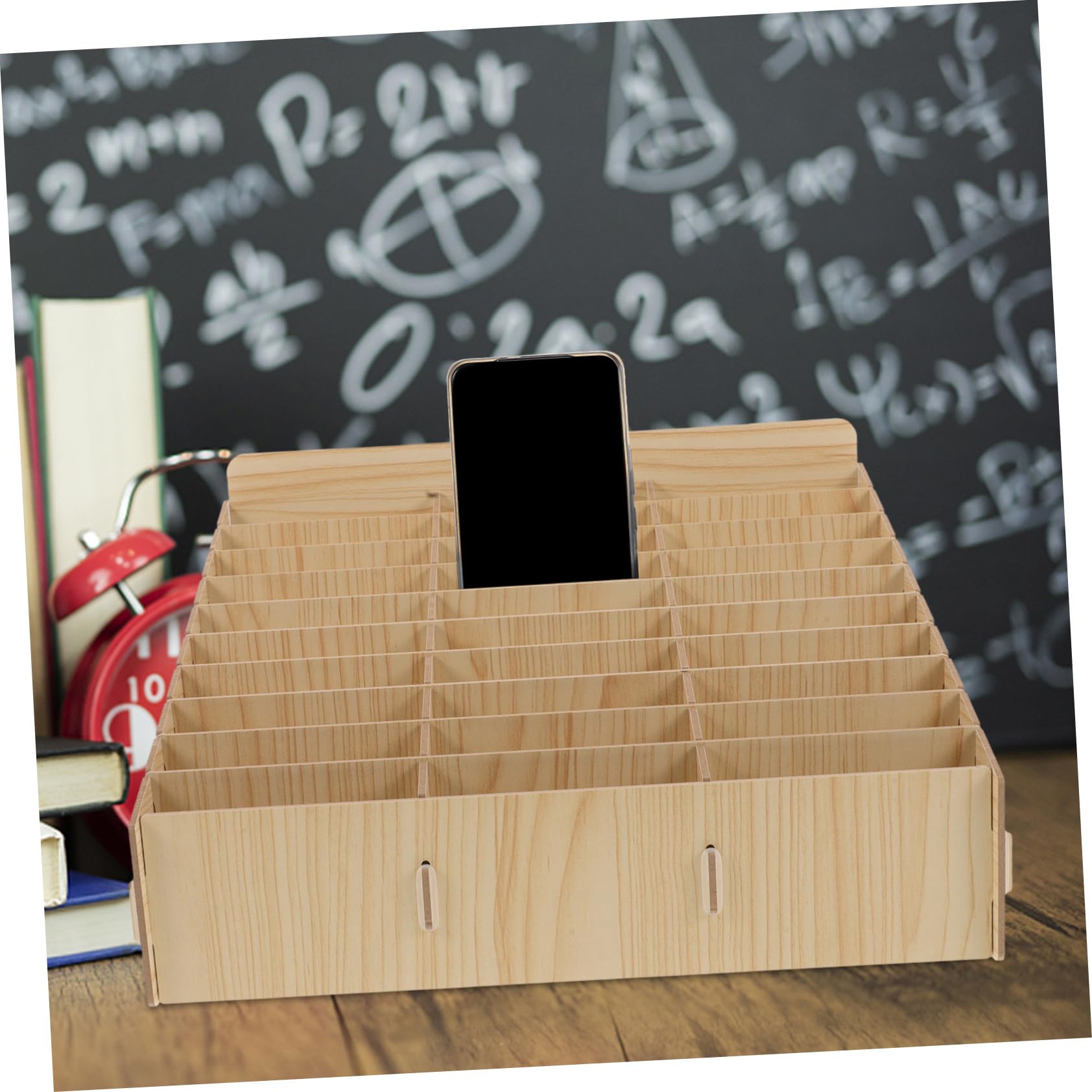 Scatola Portaoggetti per Telefono Cellulare 30 Scomparti in Legno Beige | Organizer da Scrivania Multi-scomparto, Porta Calcolatrice e Cavi, per Aula e Scuola