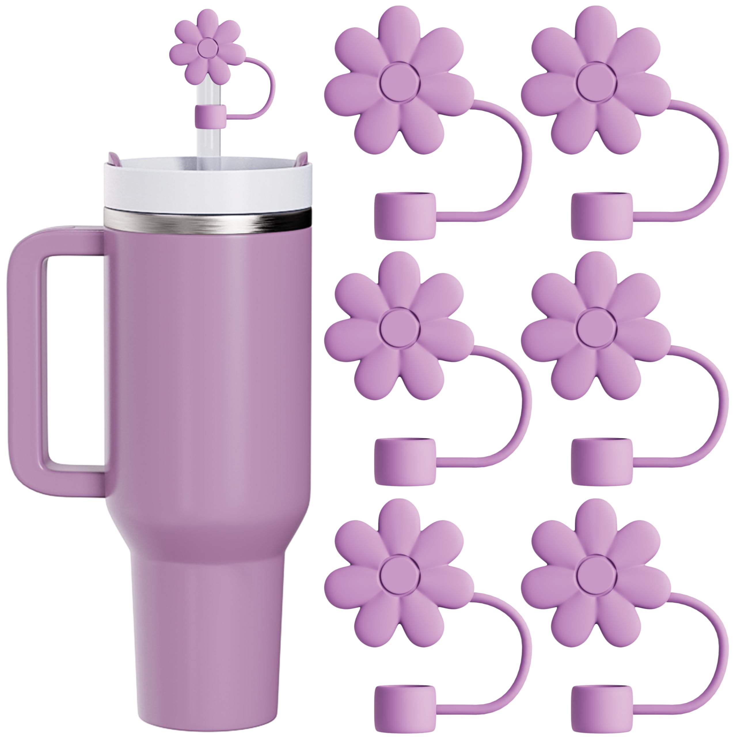 6Pcs Cute Flower Straw Covers Cap for Stanley Cup Accessories, 10mm Silicone Drinking Straw Toppers Compatible with Stanley 30&40 Oz Tumbler Cups Purple