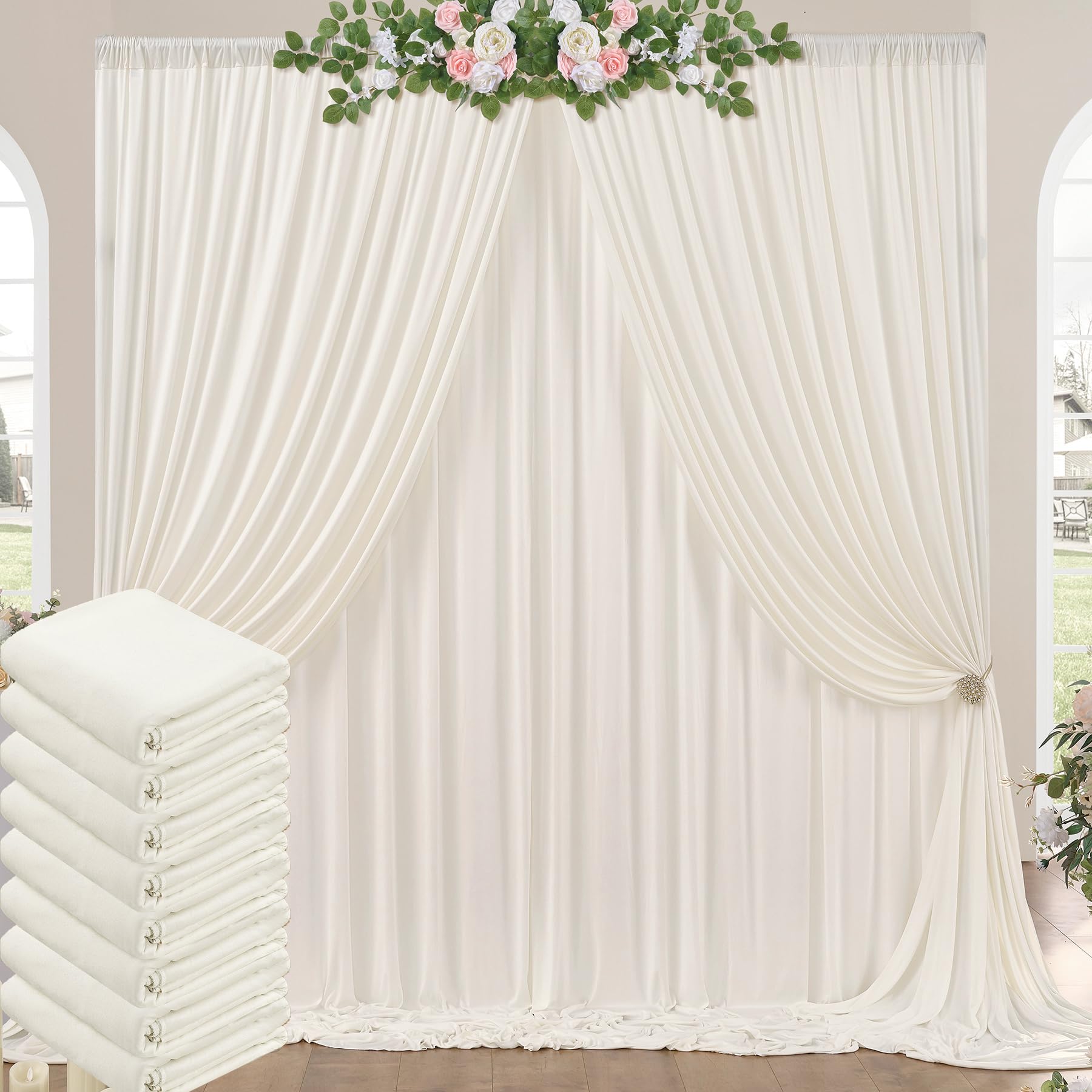 40ft x 10ft Wrinkle Free Ivory Backdrop Curtains for Parties, 8 Panels 5x10ft Polyester Ivory Backdrop Drapes for Wedding Birthday Photography Background Decoration