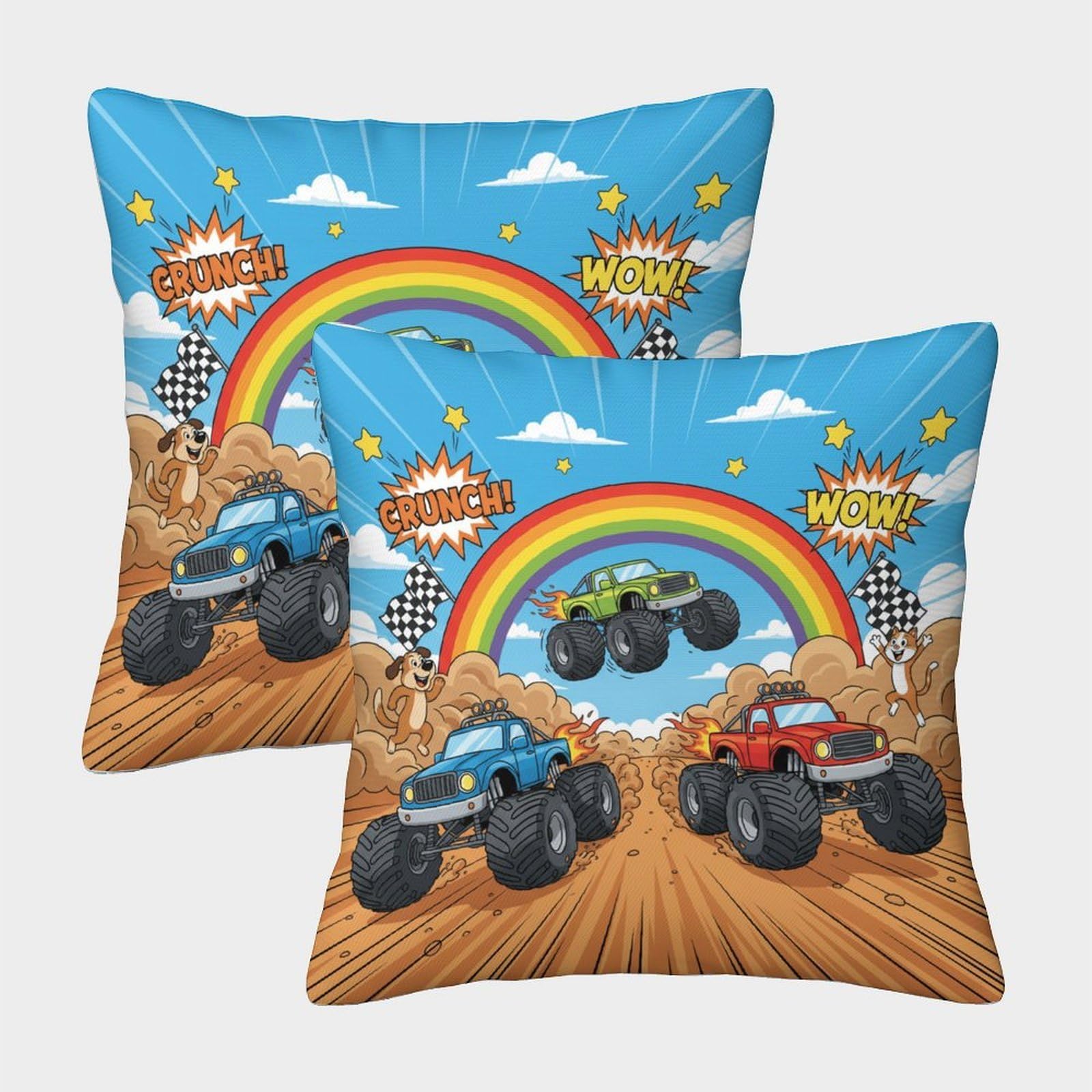 QFVANSIYO Vivid 3D Printed Rainbow Monster Truck Pillowcase Microfiber Bedroom Decor Monster Truck Pillow Cover Adult Teen 50x50cm