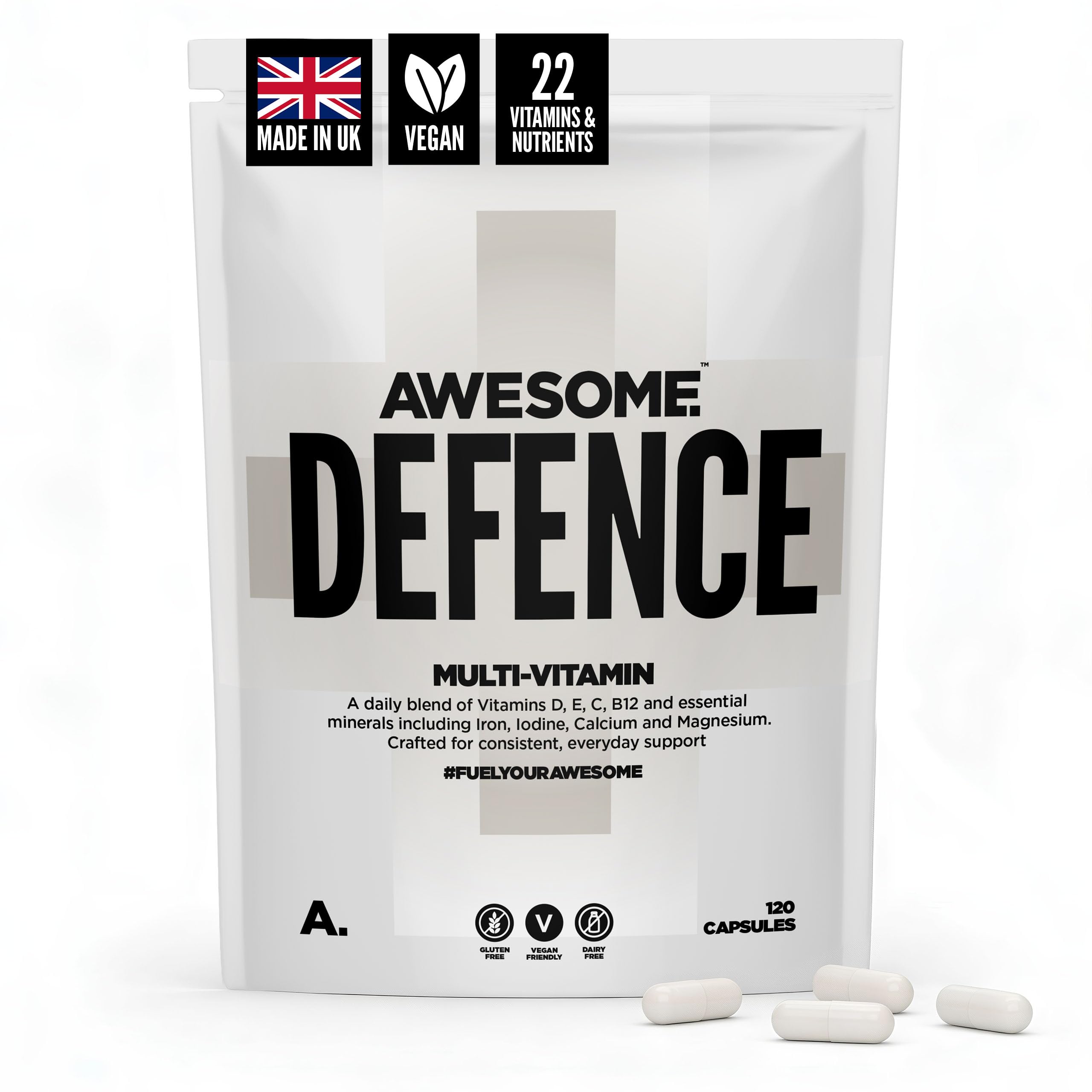 Awesome Health Defence - Vegan Multivitamin Tablets – Multi-Vitamin & Multinutrient Supplement – 120 Capsules – Vitamin D,C,E – Immune Support, Antioxidant Protection – Vegan Supplement