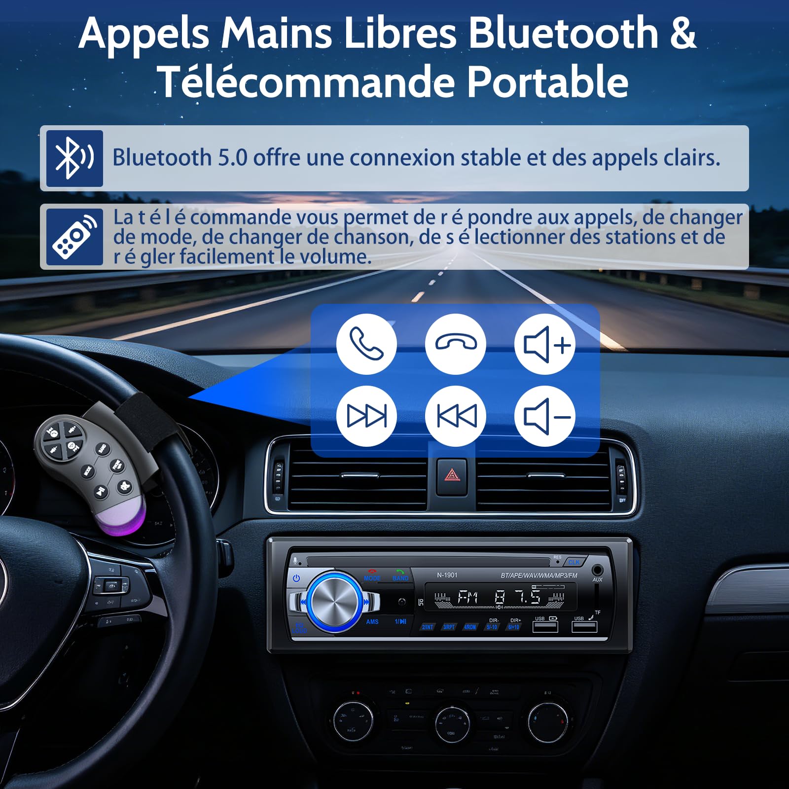 Autoradio Bluetooth, Wistrue FM Poste Radio Voiture Bluetooth avec 2 USB, Autoradio 1 Din Support AUX/SD/TF/MP3, Compatible avec iOS/Android