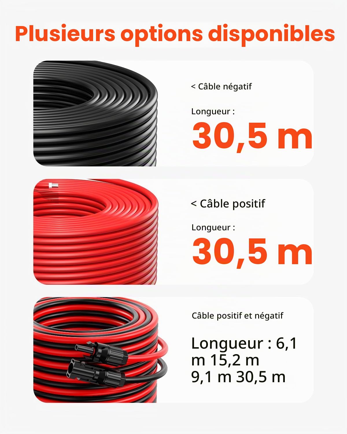 VEVOR Câble d'Extension de Panneau Solaire, 30,48 m, Calibre du Fil 10 AWG, CC 1500 V, Étanche IP67, pour Panneaux Solaires Domestiques, de Bateaux, Camping-cars, Toits, Systèmes Hors Réseau, Rouge