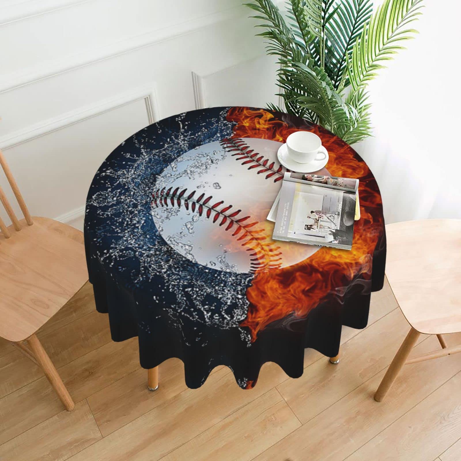 Lawenp Fire Water Baseball Ball Decorative Round Table Cloths - 60 Inches in Diameter for Buffet Tables, Parties, Holiday Dinners.