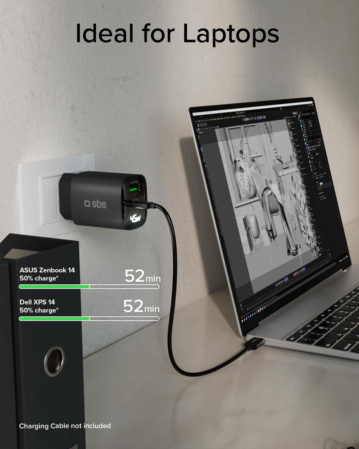 SBS Zasilacz LCD USB-C 45W, GaN Technology, Power Delivery (PD 3.0 PPS), Szybkie ładowanie, Wyświetlacz LCD, ładowarka do iPhone, iPad, AirPods, MacBook, Notebooka, Android, Tabletu, Czarny