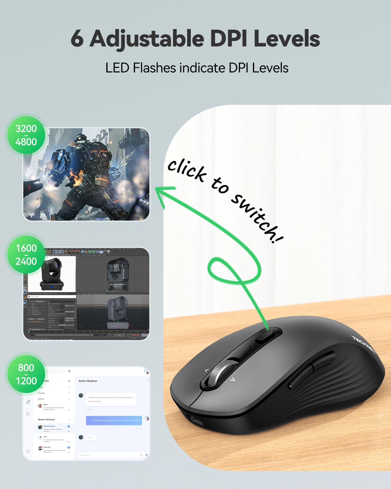 TECKNET Rechargeable Bluetooth Mouse, [ USB + BT5.0 + BT3.0 ] Wireless Mouse, Ergonomic 4-Way Scroll Wheel Computer Mice, 6-Level 4800 DPI Silent Mice, Multi-Device for Computer/Laptop/MacBook - Grey - 5