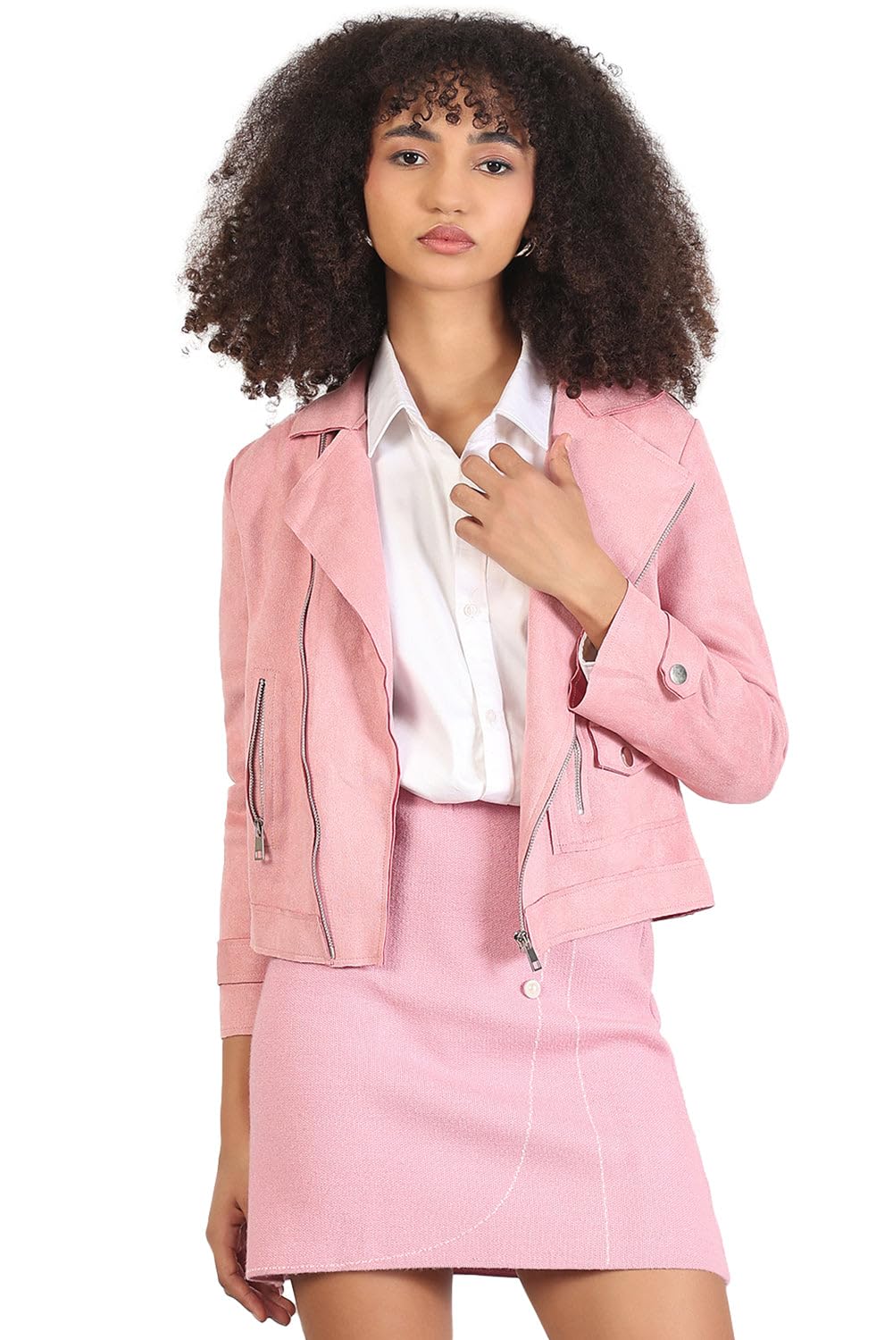Edition Women's Solid Pink Lapel Collar Crop Jacket-CHN-826_Pink-image-3