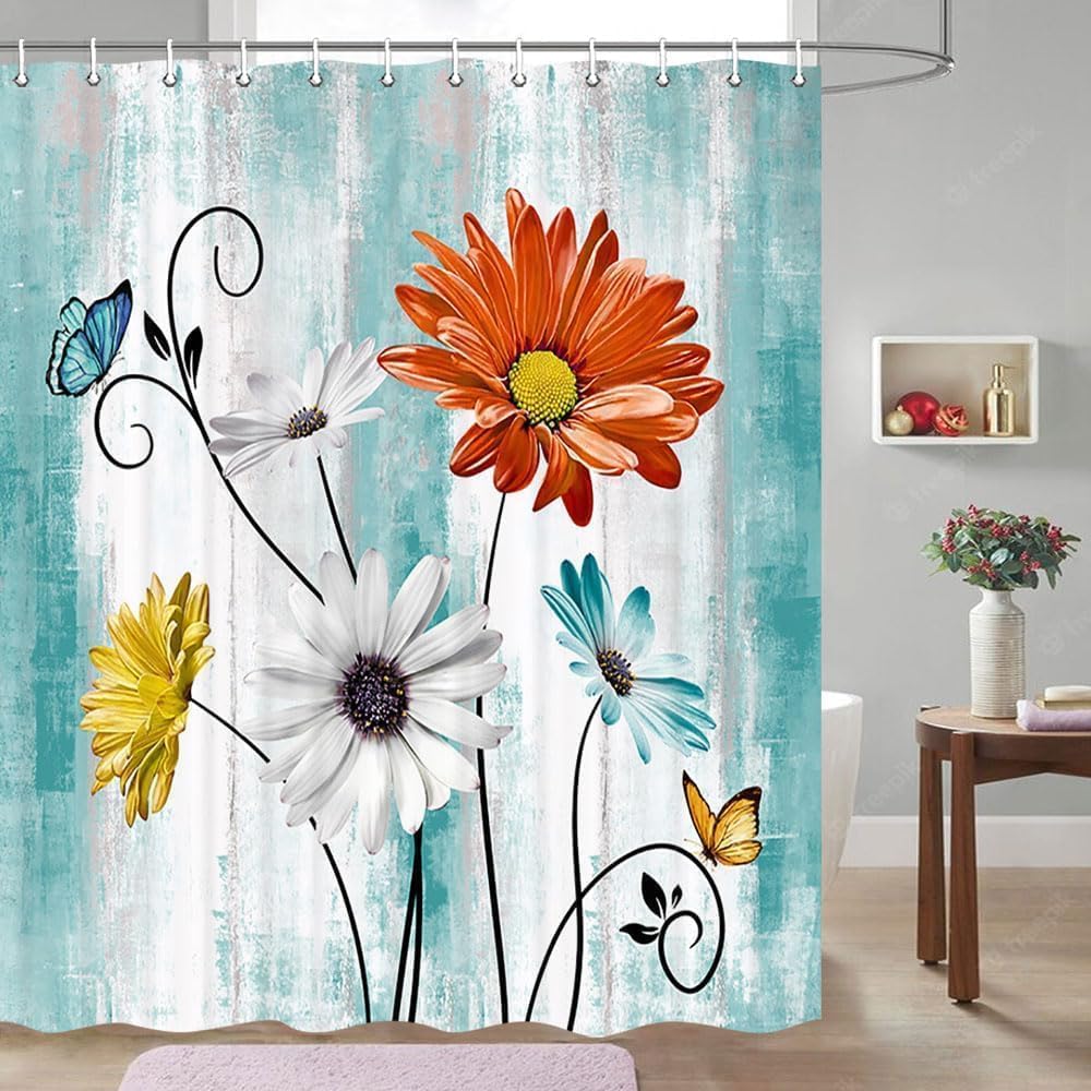 DYNH Rustic Farmhouse Daisy Shower Curtain, Farm Colorful Daisy Floral Flowers and Butterfly on Country Wooden Bathroom Shower Curtains, Teal Blue