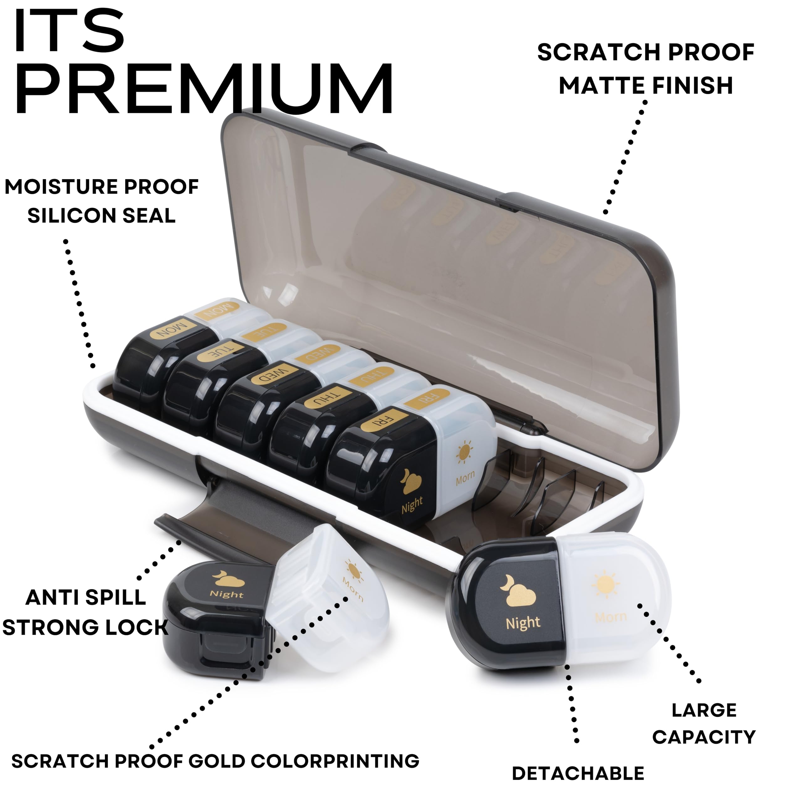 POPCUBE Premium Medicine Organizer Box 2 times a day with Detachable Compartments-Pill Organizer Box for Travel, storing medicines, pills, supplements (Black & White) 1