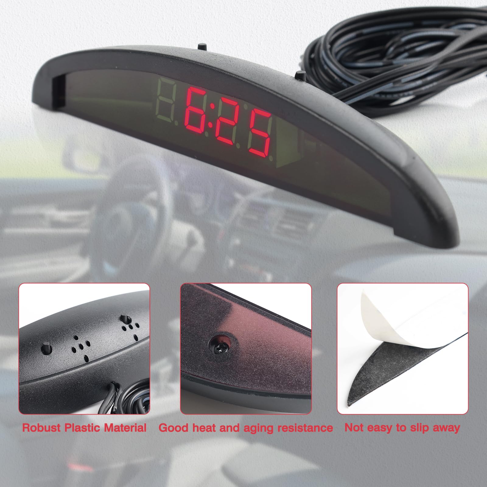 Riloer Autotemperaturuhr Auto Dashboard Universal Digitaluhr Thermometer Spannung mit LCD-Anzeige für Fahrzeuginnenraum Rot