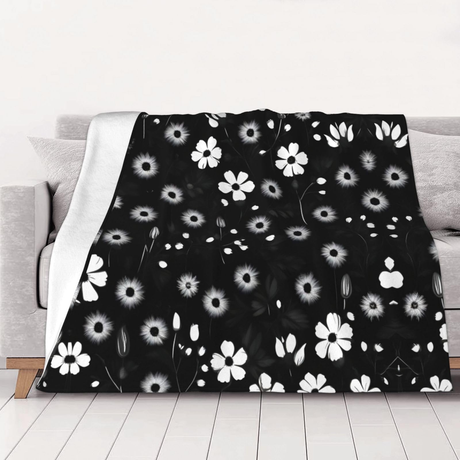 Couverture imprimé floral noir et blanc 152x203 cm douce pour lit