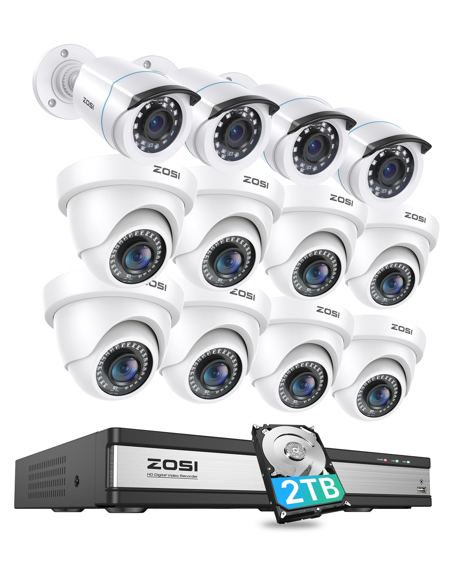 ZOSI H.265+ 1080p 16 Channel Security Camera System, 16CH DVR with AI Human Vehicle Detect, 12 x 2MP Weatherproof Surveillance CCTV Bullet Dome Camera Outdoor, Night Vision, Remote Access, 2TB HDD
