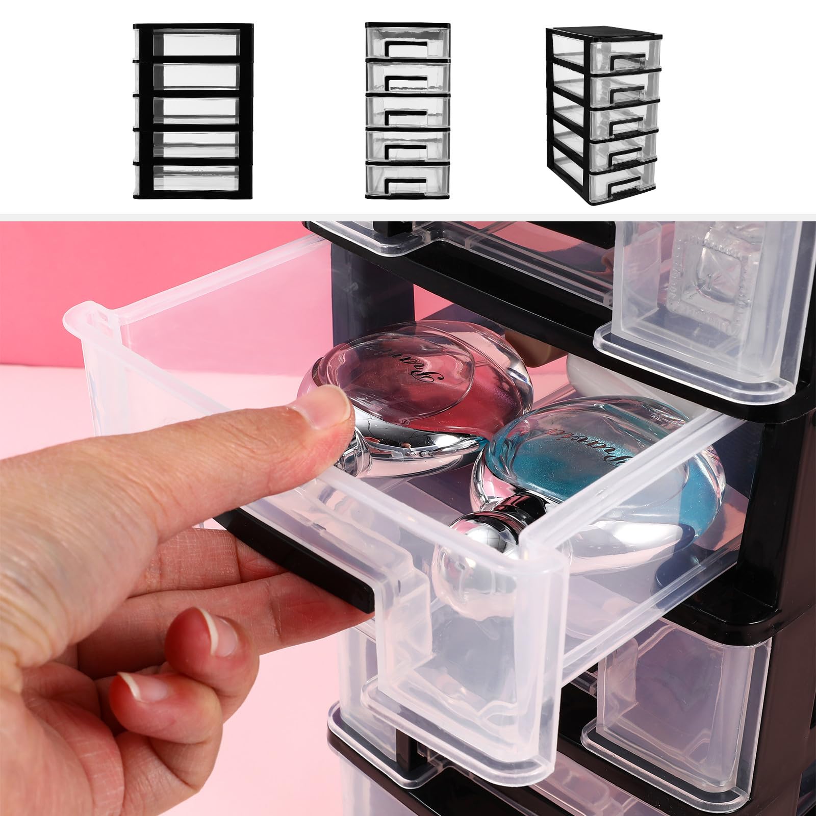 Organizador de Cajones de Plástico de 5 Niveles Pp Negro | Diseño Cajones, Formato Apilable para Oficina y Salón, Caja Rectangular de Almacenamiento y Clasificación