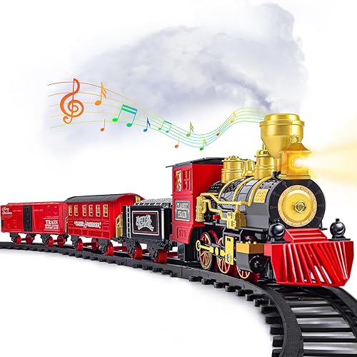 Juego de tren de Navidad para debajo del árbol, juguete de tren eléctrico para niños y niñas, tren de juguete con locomotora de vapor, pistas, luces